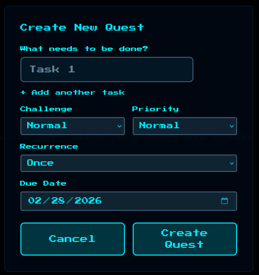 Empty quest creation modal showing title, description, difficulty, and assignment fields