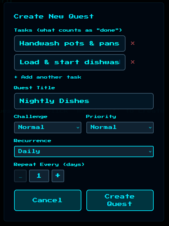 Quest modal filled out with 'Nightly Dishes' as title, medium difficulty selected