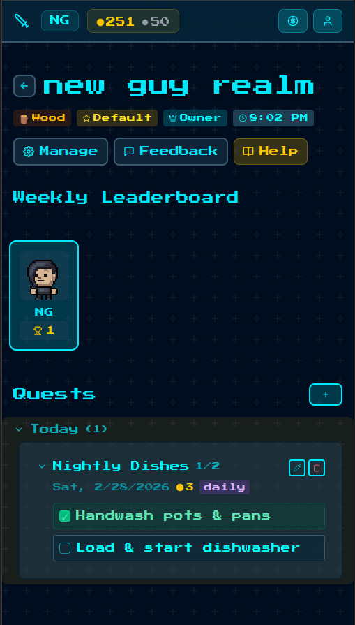 Quest modal filled out with 'Nightly Dishes' as title, medium difficulty selected