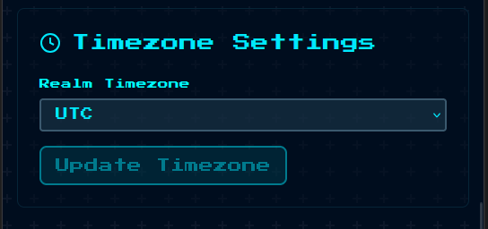 Timezone interface widget showing realm timezone and an update button.